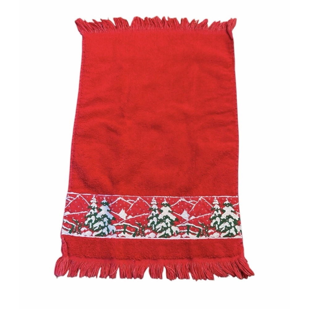 Vintage Red Christmas Hand Towel Snowy Winter Trees Fringe Guest Bathroom Decor